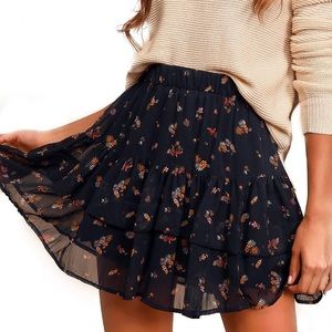 NWOT Valley Black Floral Print Ruffle Mini Skirt